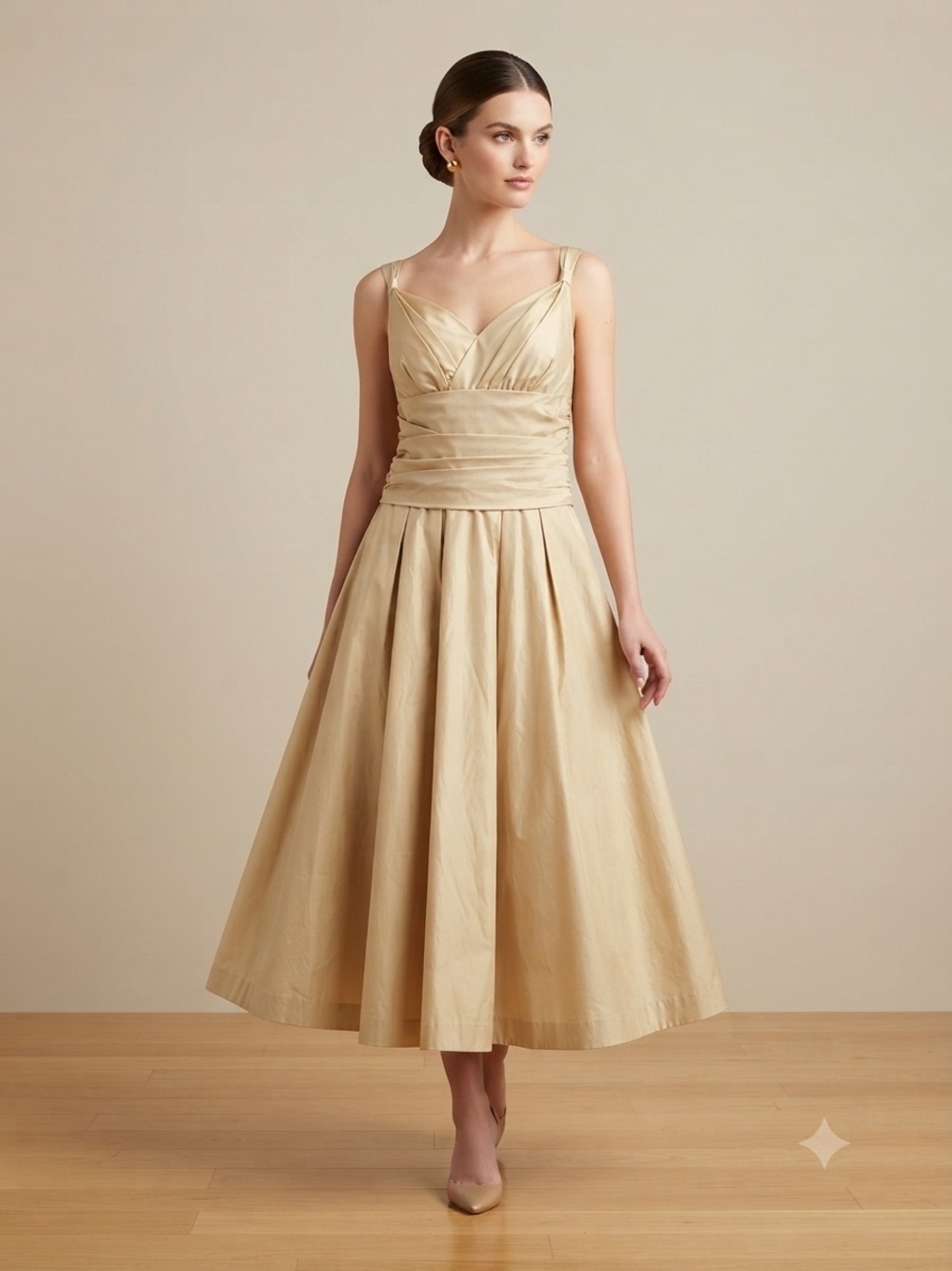 Bill Levkoff Sleeveless Gold Midi Dress with Ruched Waist Size 14 0084